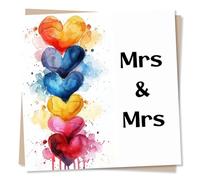 Mrs and Mrs Wedding Card, Lesbian, Same-Sex - Colourful Watercolour Hearts