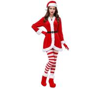 Mrs Claus Costume for Women | Funny Belt Hat Gloves,Christmas Outfit with Bell Necklace, Stockings, Boots - for Women Cosplay Vacation Holiday Event Parade