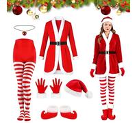 Mrs Claus Costume Women- Santa Costume Women With Coat Hat Belt Gloves Bell Charm Boots Striped Stockings, Christmas Adult Fancy Dress Wom-en, Christmas Outfit Parties Dress For Cosplay Holiday