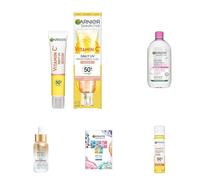 Mrs Hinch's Approved Garnier Skincare Saviours Mega Bundle; Vit C UV Fluid Glow, Micellar Water 700ml, Vit C Over Make-Up UV Mist, Sheet Mask Discovery Collection, Natural Bronzer Self Tan Drops
