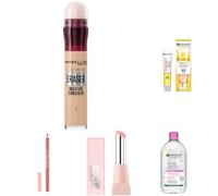 Mrs Hinch's Approved Maybelline and Garnier Ultimate Pink Beauty Bundle; Eraser Eye Concealer, Lifter Glaze, Lifter Liner, Vit C UV Fluid Glow, Micellar Water