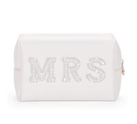 MRS Makeup Bag, Etercycle Bridal Shower Gifts Small PU Waterproof Letter Cosmetic Bag, Bling Pearl Rhinestone Patches Travel Organizer for Engagement Bachelorette Party(Silver)