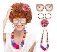 Mrs Roper Halloween Costume Accessory Set 70s Retro Party Outfit Adult Women's Roleplay Accessories Includes Wig and Jewelry