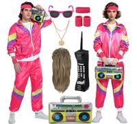 Mrsclaus 80s 90s Outfit for Men Women Jogging Suit Tracksuit Costume Adult Disco Carnival Partner Costumes Set with Pop Rock Wig Radio Phone C057XXXL