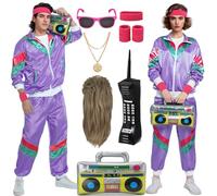 Mrsclaus 80s 90s Outfit for Men Women Jogging Suit Tracksuit Costume Adult Disco Carnival Partner Costumes Set with Pop Rock Wig Radio Phone C058XXL