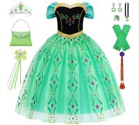 Mrsclaus Princess Anna Costume for Girls Princess Dress Carnival Costumes Children's Set with Crown Wand Carnival Cosplay Party Girls Outfits Set with Accessories Wigs C070-S