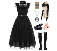 Mrsclaus Wednesday Costume Women's Black Gothic Dress Adult Wednesday Family Cosplay Outfit with Wig Necklace Hairpin Socks Carnival Costumes for Carnival Halloween C064M