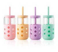 Mrsdry Glass Cups with Silicone Lids and Straws (4 Pcs), 475ml Drinking Glasses Set with Silicone Sleeves for Coffee Bar Accessories Iced Coffee Cups with Lids, Glass Tumbler Reusable for Gifts