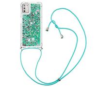 MRSTER Lanyard Phone Case for Moto G9 Plus, Bling Glitter Quicksand Liquid Sparkle Silicone TPU Case Cover With Crossbody Necklace Cord Strap for Motorola Moto G9 Plus. LP Love Green