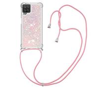 MRSTER Lanyard Phone Case for Samsung A12, Bling Glitter Quicksand Liquid Sparkle Silicone TPU Case Cover With Crossbody Necklace Cord Strap for Samsung Galaxy A12. LP Star Pink