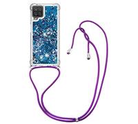 MRSTER Lanyard Phone Case for Samsung A12, Bling Glitter Quicksand Liquid Sparkle Silicone TPU Case Cover With Crossbody Necklace Cord Strap for Samsung Galaxy A12. LP Love Blue
