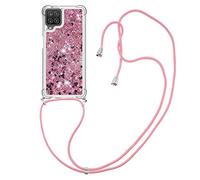 MRSTER Lanyard Phone Case for Samsung A12, Bling Glitter Quicksand Liquid Sparkle Silicone TPU Case Cover With Crossbody Necklace Cord Strap for Samsung Galaxy A12. LP Love Rose