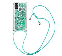 MRSTER Lanyard Phone Case for Samsung A21s, Bling Glitter Quicksand Liquid Sparkle Silicone TPU Case Cover With Crossbody Necklace Cord Strap for Samsung Galaxy A21s. LP Love Green