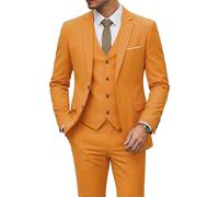 MrSure Men’s 3 Piece Suit Blazer, Slim Fit Tux with 2 Button, Jacket Vest Pants & Tie Set for Party, Wedding and Business, Orange, L