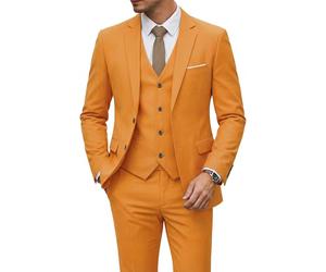 MrSure Men’s 3 Piece Suit Blazer, Slim Fit Tux with 2 Button, Jacket Vest Pants & Tie Set for Party, Wedding and Business, Orange, XXL