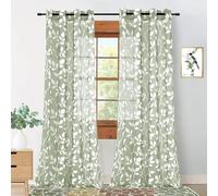 MRTREES Modern Living Room Window Voile Curtains Grey Green Set of 2 Interior Curtain Panels, 140 x 225 cm, Transparent Voile Curtain Leaf Print with Eyelets for Adult Bedroom