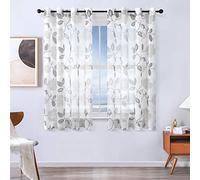 MRTREES Voile Curtains 57 Inch Drop Floral Printed Linen Textured Short 2 Panels Eyelet Voile Curtain Panel for Bedroom Living Room Patio Door 55x57 Inch Drop 140cm x 145cm Grey Leaf Print