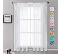 MRTREES Voile Curtains 96 Drop 2 Panels Faux Linen Rod Pocket Sheer Curtain Panel for Bedroom Living Room Patio Door 55x96 Drop 140cm x 245cm White
