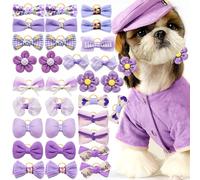Mruq pet 20pc Purple Small Dog Hair Bows with Rubber Bands, Mix Handmade Cute Dog Grooming Flower Ball Bows for Holiday Daily Use