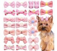 Mruq Pet 20Pcs Light Pink Small Dog Hair Bows with Rubber Bands, Handmade Puppy Grooming Bows Flower Ball Bowknot Top Knot Hair Accessories for Yorkie & Small Dogs