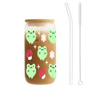 MRYAWXBK Cute Frog Glass Cup with Bamboo Lids Straw 16oz, Ice Coffee Glass Tumbler for Soda Boba Tea Cocktail Birthday Gifts for Her