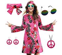 MRYUWB 70s Hippie Dress Costume for Women Necklace Earrings Sunglasses Disco Costume 60s Party Costume Halloween Retro Dresses (Pink, 3XL)