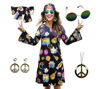 MRYUWB 70s Hippie Dress Costumes Necklace Earrings Sunglass Women Disco Outfit, 60s Party Costume, Halloween Retro Dresses(Black, X-Large)