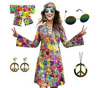 MRYUWB 70s Hippie Dress Costumes Necklace Earrings Sunglass Women Disco Outfit, 60s Party Costume, Halloween Retro Dresses (Love and Peace, 3XL) (F0154)