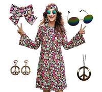 MRYUWB 70s Hippie Dress Costumes Necklace Earrings Sunglass Women Disco Outfit, 60s Party Costume, Halloween Retro Dresses (Vibrant Flowers, L) (F0154)