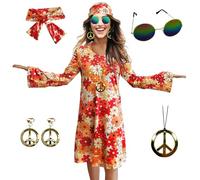 MRYUWB 70s Hippie Dress Costumes Necklace Earrings Sunglass Women Disco Outfit, 60s Party Costume, Halloween Retro Dresses, Flower Power Orange, Medium