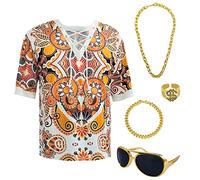 MRYUWB Hippie Men 60s and 70s Disco Clothing Shirts Beach Drawstring Printed Short Sleeves 5-Piece Disco Theme Party, Beach Drawstring Printed Short Sleeve, Medium