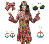MRYUWB Women’s 1970s Hippie Dress, Costume, Necklace, Earrings, Sunglasses, Disco Costume, ‘60s Party Costume, Halloween, Retro Dress, Retro Flowers, Size M
