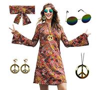 MRYUWB Women's 70s Hippie Disco Costume Set - Brown, 3XL - Dress, Sunglass, Headband, Necklace, Earrings - V-Neck, Lightweight - Perfect for Halloween, Birthday, Mardi Gras, Valentine's Day