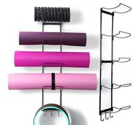 MRZZATA 5-Tiers Yoga Mat Holder Wall Mount, Metal Storage Rack for Yoga Mat/Wheels, Wall Rack Organizer with 3-Hooks for Hanging Stretching Strap & Resistance Bands, Yoga Room/Home Gym Decor