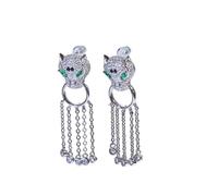 MS-422 Elegant Pendant Platinum-Plated Panther Earrings with Zirconia and Chains, Fashion Jewellery Party Celebration 5 cm Animal Head, Copper, No Gemstone