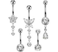MS CUTE 5PCS Belly Button Rings for Women 14G Dangle Navel Piercing Jewelry Set Surgical Stainless Steel Body Jewelry with CZ Butterfly Flower Teardrop Barbell for Beach Festival Daily, 14G 8MM, Metal