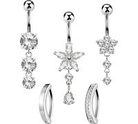MS CUTE 5PCS Belly Button Rings for Women 14G Dangle Navel Piercing Jewelry Set Surgical Stainless Steel Body Jewelry with CZ Butterfly Flower Teardrop Barbell for Beach Festival Daily, 14G 10MM