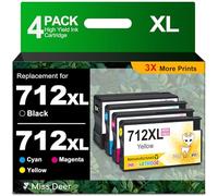 MS DEER 712 Ink Cartridges, Upgraded Compatible Replacement for HP 712XL 712 XL High Yield Combo Pack Work for HP DesignJet T210 T630 T650 T250 T230, Studio Plotter Printers (4-Pack, BK/C/M/Y)