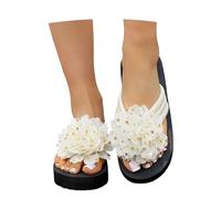 Ms. Europe and The States Summer Soft Bottom Chain Flat Bottom Word Slippers Female Stone Pattern Beach Sandals Drag (White, 3.5)