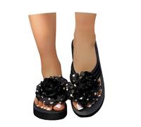 Ms Europe Women's Beach Sandals with Stone Pattern, Flat Sole Sandals for Everyday Use, Soft Chain, Comfortable Slippers for Holiday, Leisure, black, 5 UK