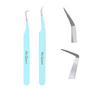 Ms.Queen Eyelash Tweezers for Extensions, 2Pcs Fiber Tip Grip 45 and 90 Degree Mega Volume Tweezers Set for Lash Extensions-Blue