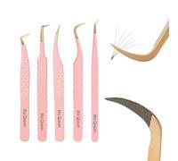 Ms.Queen Lash Tweezers For Eyelash Extensions,5Pcs Professional Fiber Tip Grip Curved 45 90 Degree Boot Volume Tweezers Set