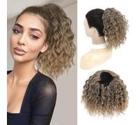 MS TAJ Clip in Ponytail Extension 8 Inch Beige Neutral Blonde with Light Ends Natural Soft Drawstring Curly Ponytail Hair Extensions Synthetic Hairpiece Thick Add Length for Women Daily Use