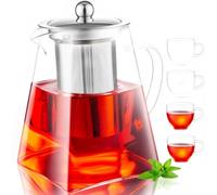 MS WGO 950ml/32.12oz Heat-Resistant Borosilicate Glass Teapot Set with Strainer, Handmade Glass Teapot with Infuser, Square Shape Infuser Tea Pot with 4 Cups