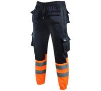 Ms9 Mens Hi Viz Vis High Visibility Fleece Cargo Work Trousers Joggers Pants, Black And Orange - S