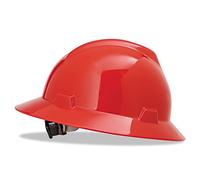 MSA 475371 V-Gard Full-Brim Hard Hats, Ratchet Suspension, Size 6 1/2-8, Red