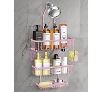 MSAICOE Pink Shower Caddy for Bathroom - Never Rust Hanging Shower Organizer with Soap Basket and Hooks - Large Capacity 3 Tier Aluminum Over The Showerhead Caddy