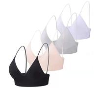 MsAnya Bralette for Women Spaghetti Strap Triangle V Neck Bra Seamless Padded Wire Free Pull On Closure, 4pack, L