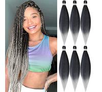 MSBELLE 6 Packs/Lot 90g/Pack, Pre Stretched Crochet Hair Extensions, 26 inch, Hot Water Setting Ombre Jumbo Synthetic Fiber Braiding Hair Extensions, Ombre Black to Silver Grey