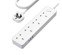 Mscien 1.8M Extension Lead with USB Slots, 4 Way Surge Protected Heavy Duty, UK Power Strips Wall Mount with 2M Extension Cable Cord, 4 Plug Extension Socket with 2 Metres, 3250W
